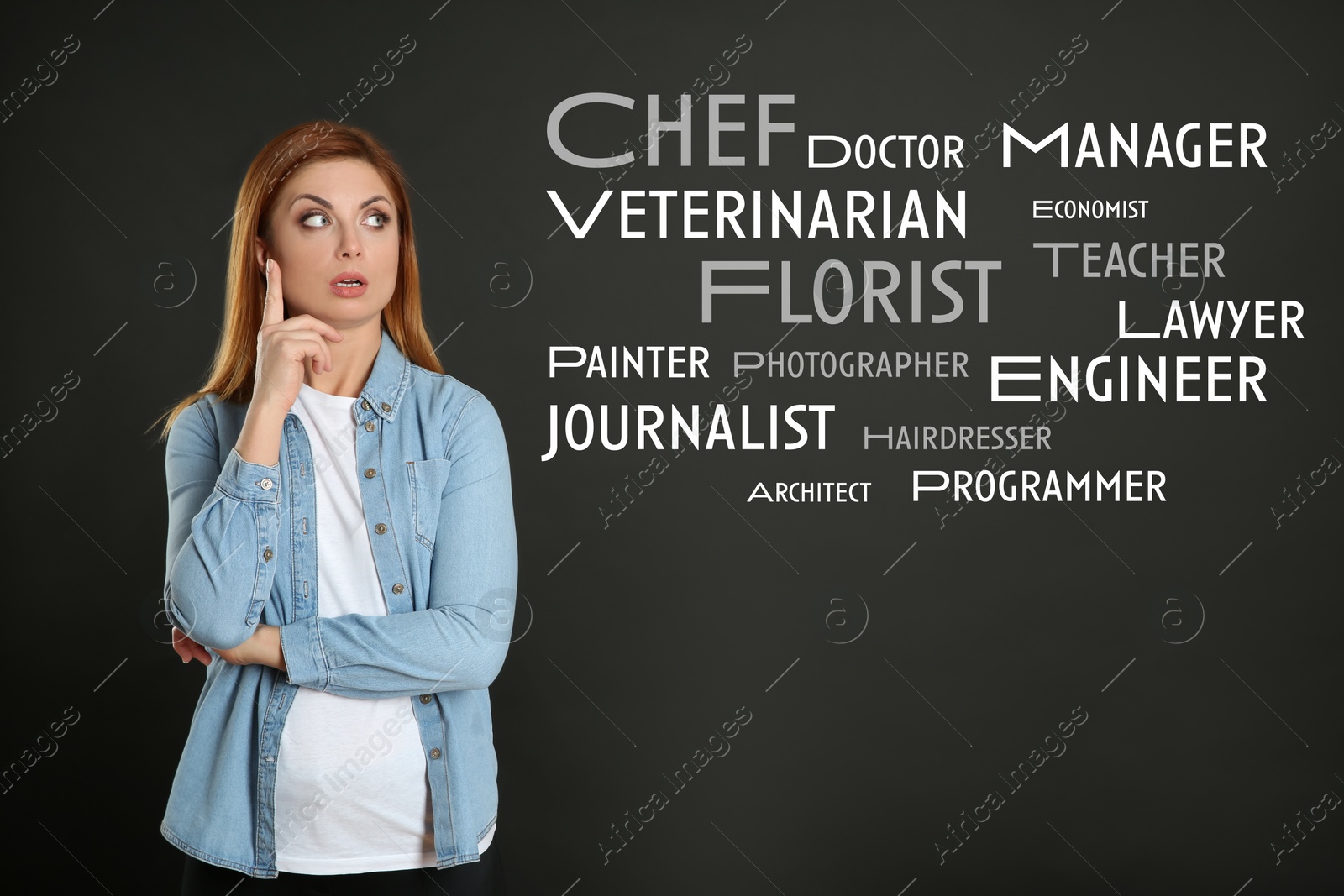 Image of Thoughtful woman choosing profession on dark background