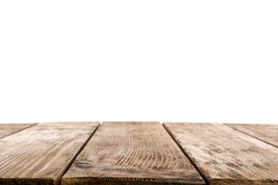 Photo of Empty wooden table surface on white background