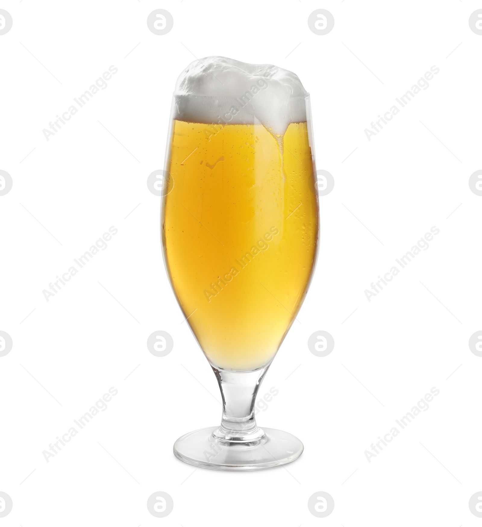 Photo of Glass of tasty light beer on white background