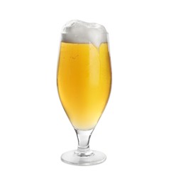 Photo of Glass of tasty light beer on white background