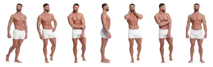 Image of Handsome man in stylish underwear on white background, set of photos