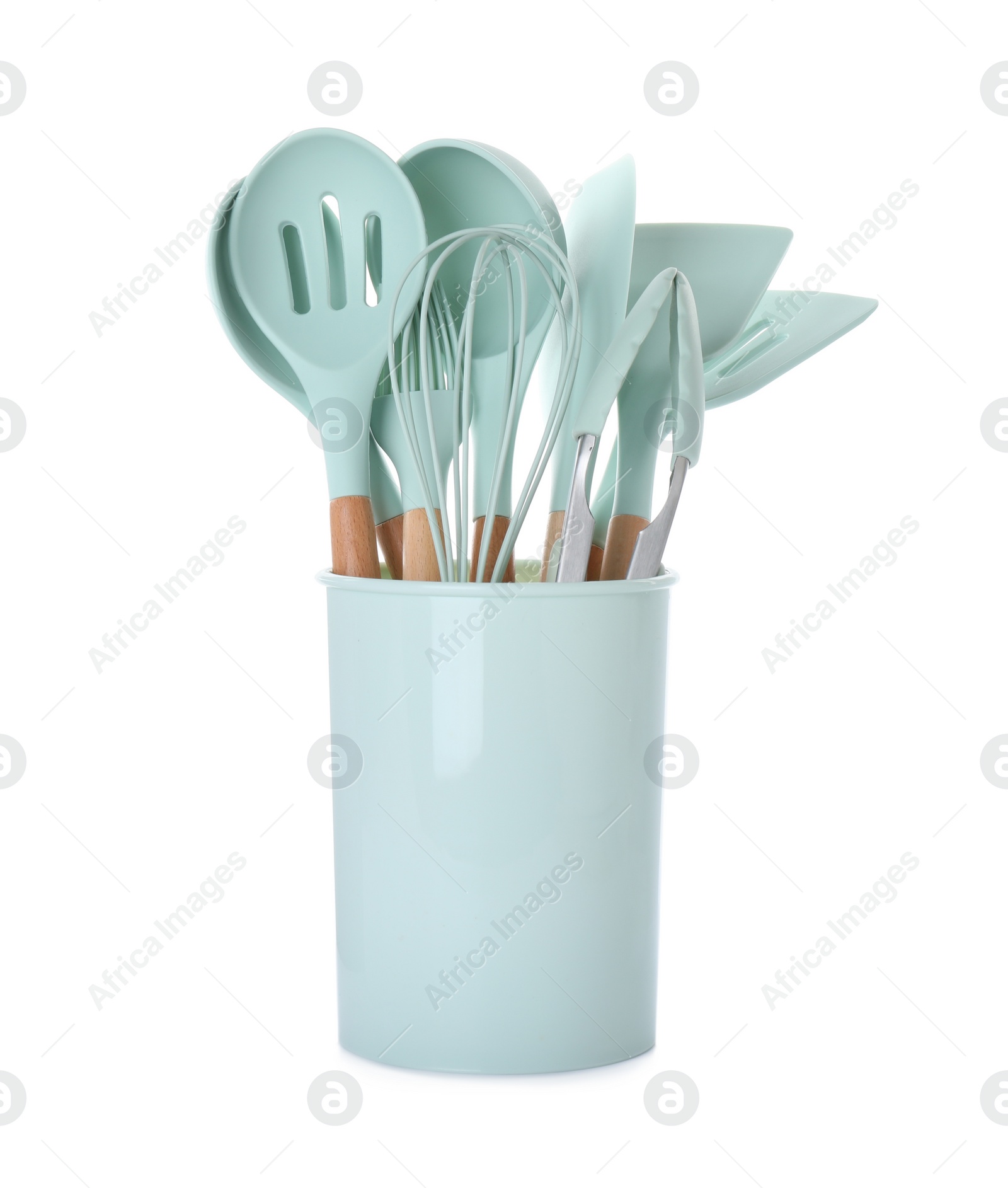 Photo of Set of turquoise kitchen utensils in holder isolated on white