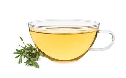 Photo of Cup of aromatic herbal tea and fresh rosemary isolated on white