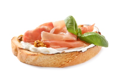 Photo of Tasty bruschetta with prosciutto and mustard on white background