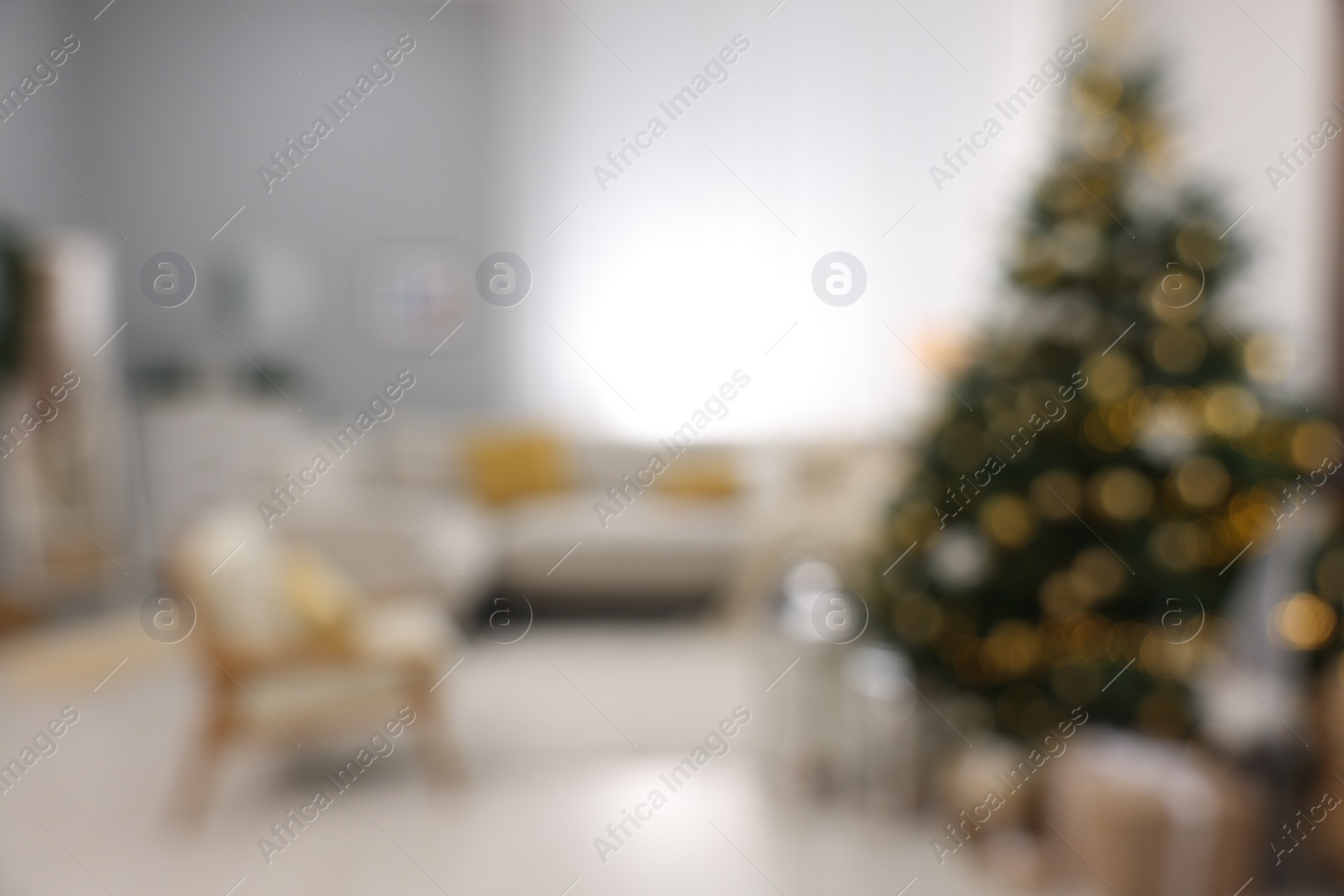 Photo of Christmas tree in furnished living room, blurred view. Festive interior design