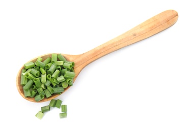 Photo of Spoon with chopped green onion on white background, top view