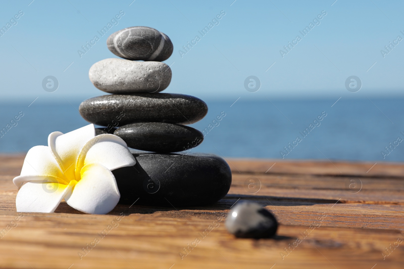 Photo of Stack of stones and flower on wooden pier near sea, space for text. Zen concept