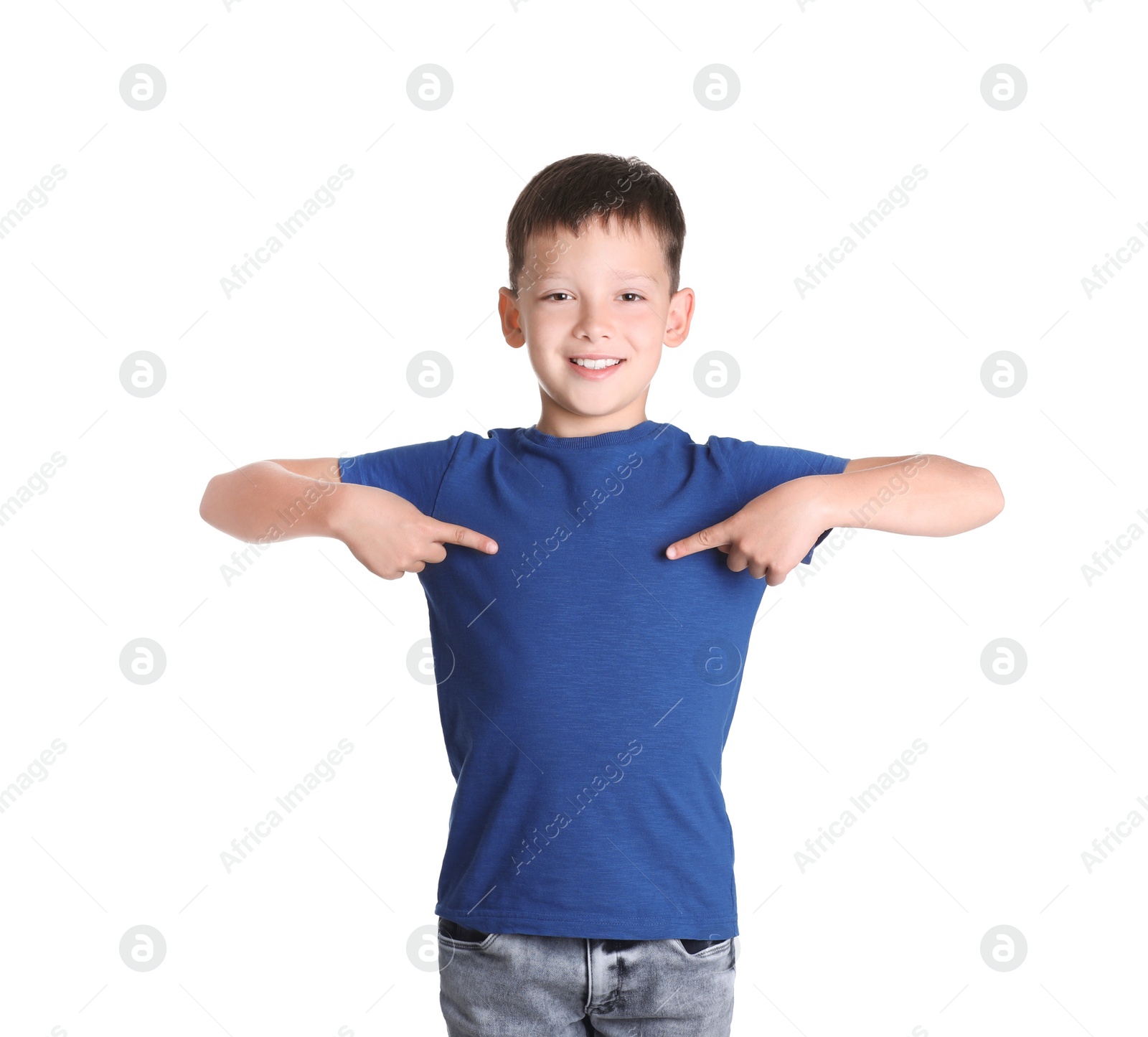 Photo of Little boy in t-shirt on white background. Mock-up for design