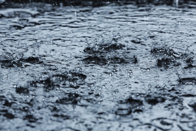 Photo of Heavy rain falling down into puddle outdoors