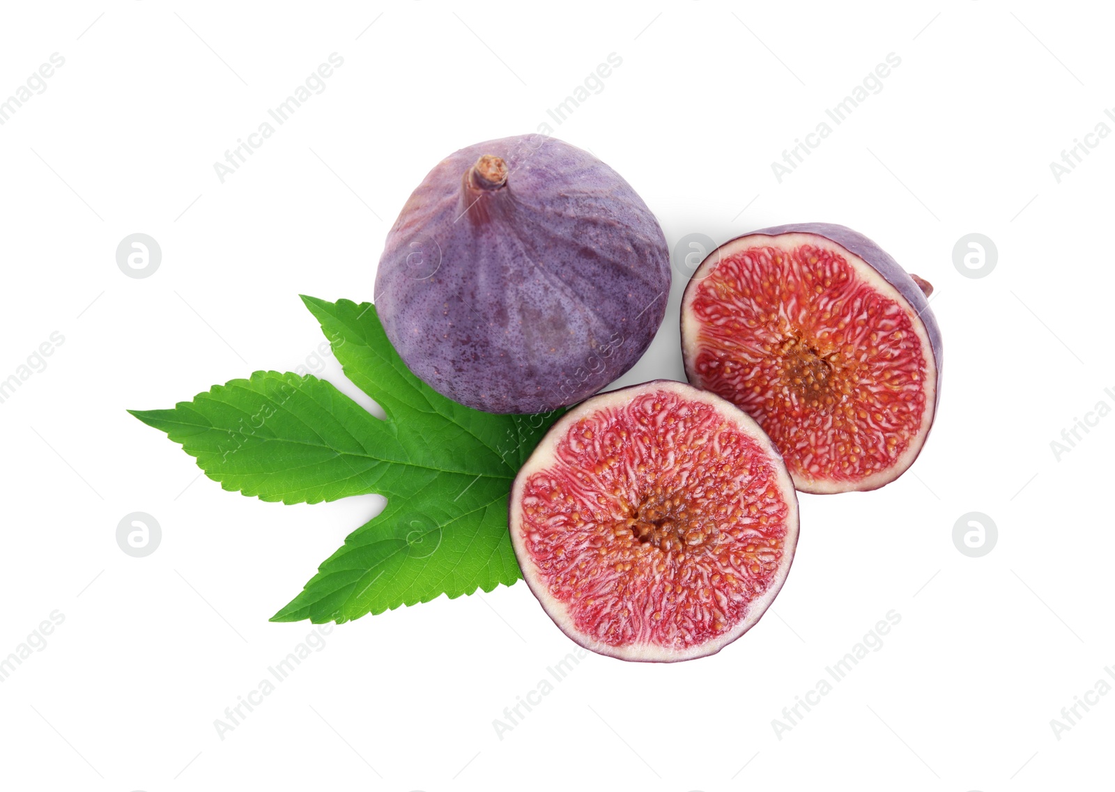 Photo of Whole and cut fresh figs with green leaf isolated on white, top view