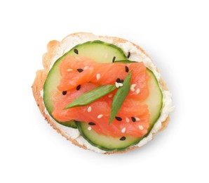 Photo of Tasty canape with salmon, cucumber and cream cheese isolated on white, top view