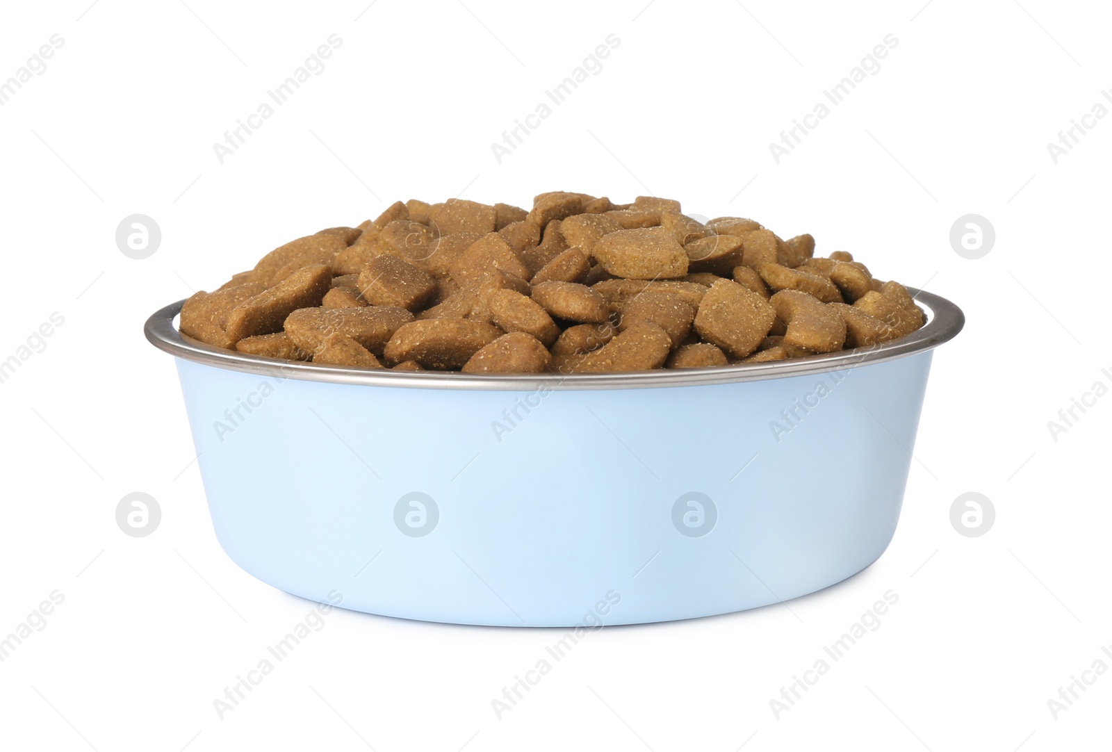 Photo of Dry dog food in pet bowl isolated on white