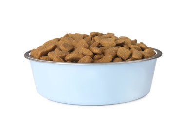 Photo of Dry dog food in pet bowl isolated on white