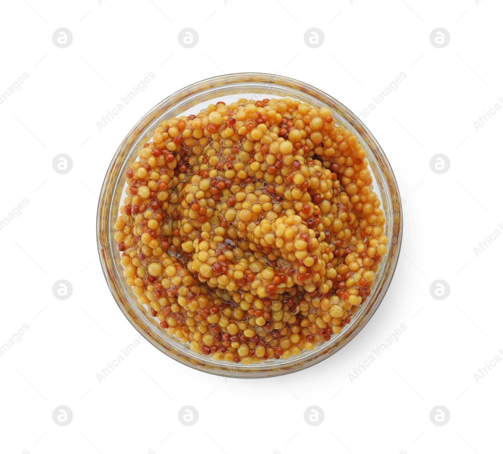 Photo of Fresh whole grain mustard in bowl isolated on white, top view