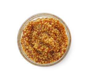 Fresh whole grain mustard in bowl isolated on white, top view