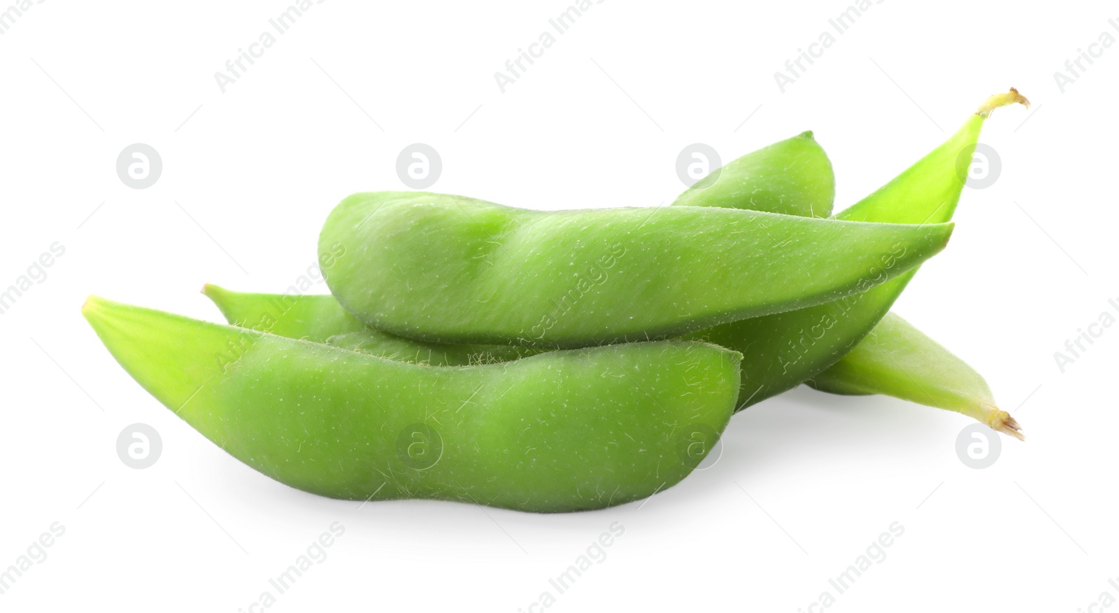 Photo of Raw green edamame pods on white background