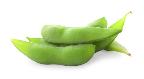 Raw green edamame pods on white background