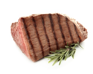 Photo of Delicious grilled meat with rosemary on white background