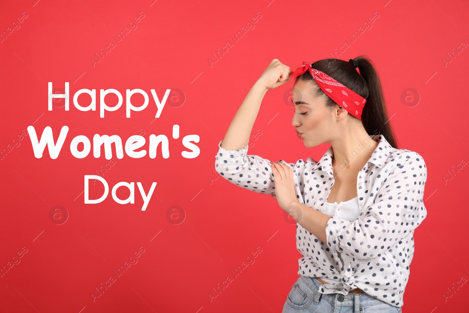 Image of Strong woman as symbol of girl power on red background. Happy Women's Day