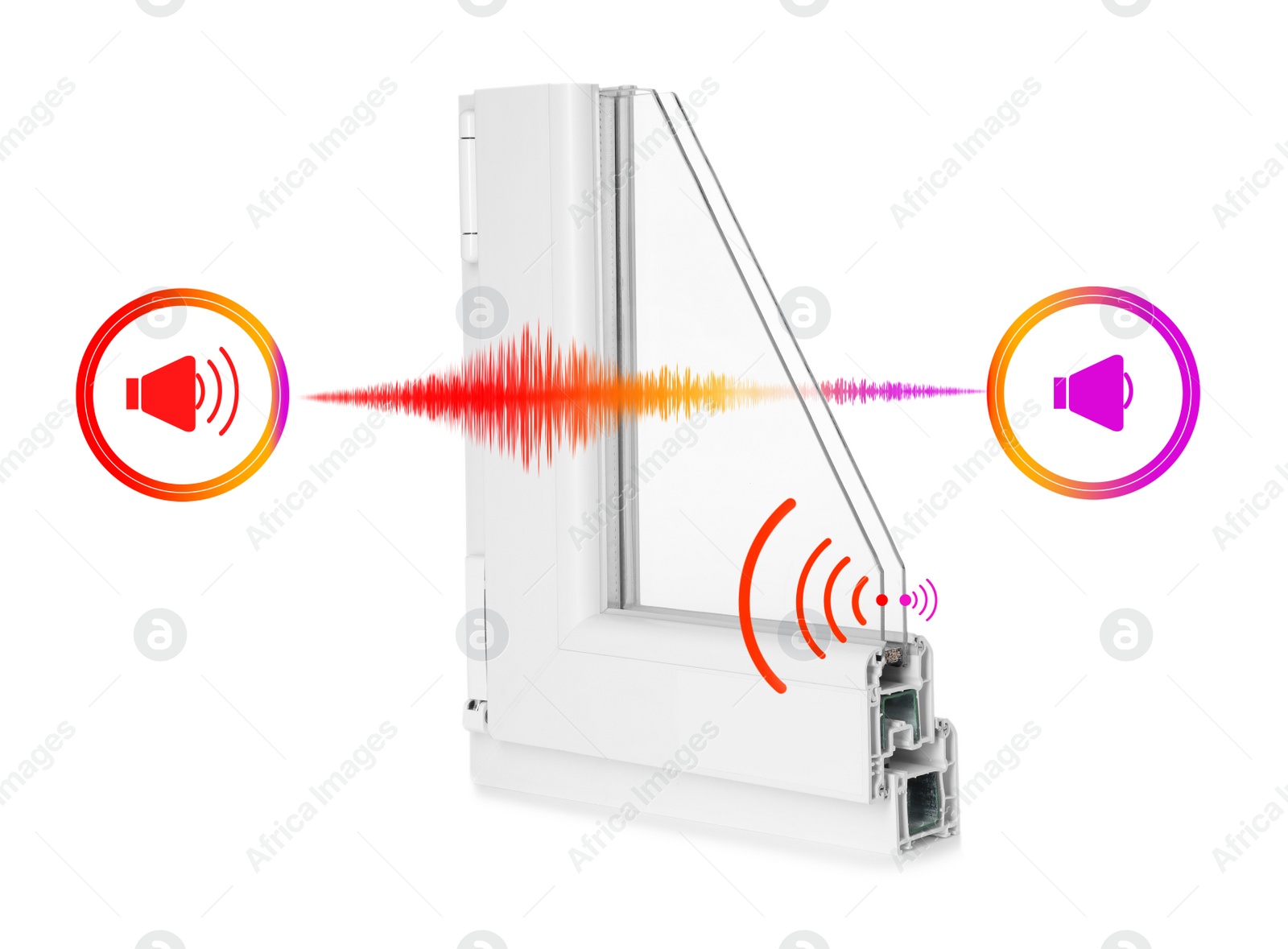 Image of Window profile sample and illustrations on white background demonstrating noise cancelling effect