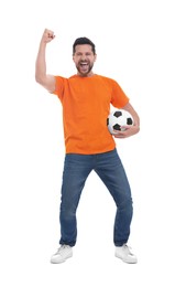 Emotional sports fan with ball celebrating on white background