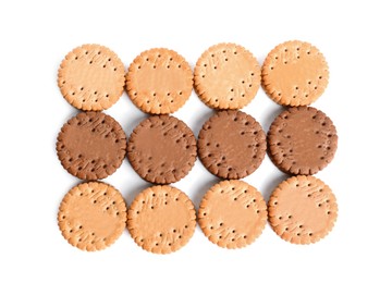 Photo of Different tasty sandwich cookies on white background, top view