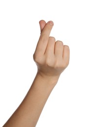 Photo of Woman showing heart gesture on white background, closeup of hand