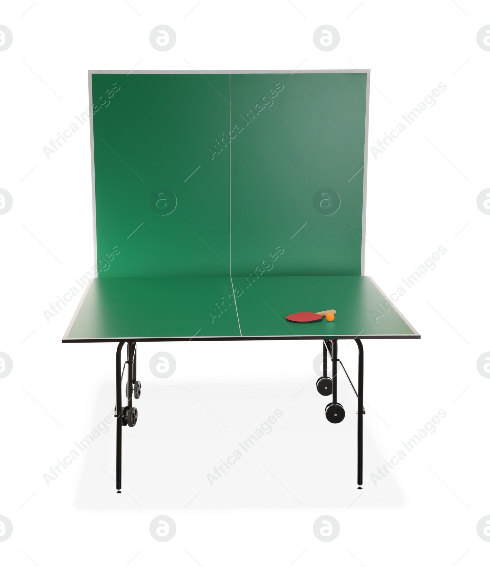 Photo of Green ping pong table with racket and ball isolated on white