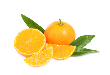 Photo of Fresh ripe tangerines with leaves isolated on white. Citrus fruit