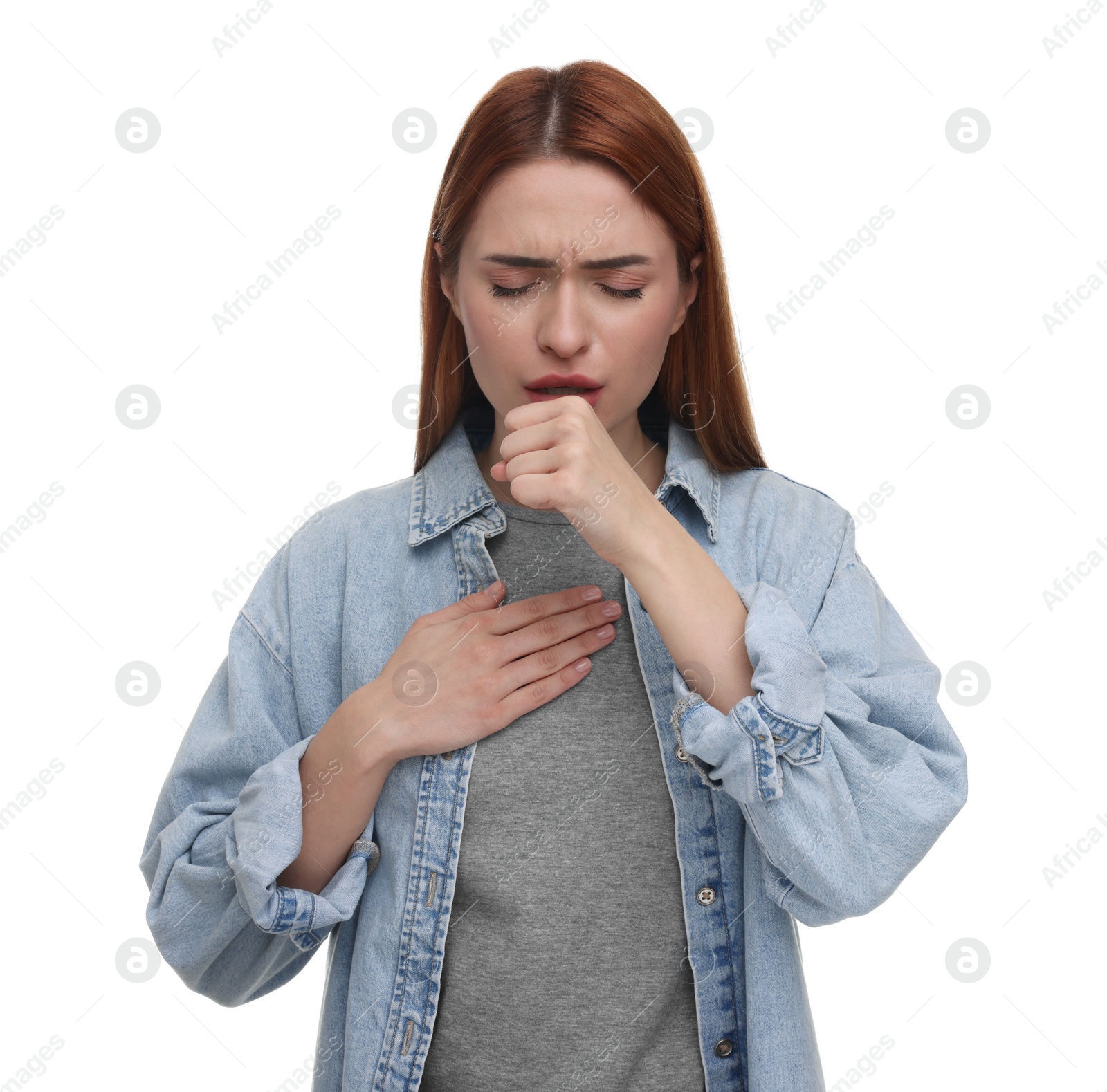 Photo of Woman coughing on white background. Cold symptoms