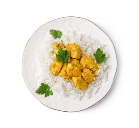 Photo of Delicious rice and chicken with curry sauce isolated on white, top view