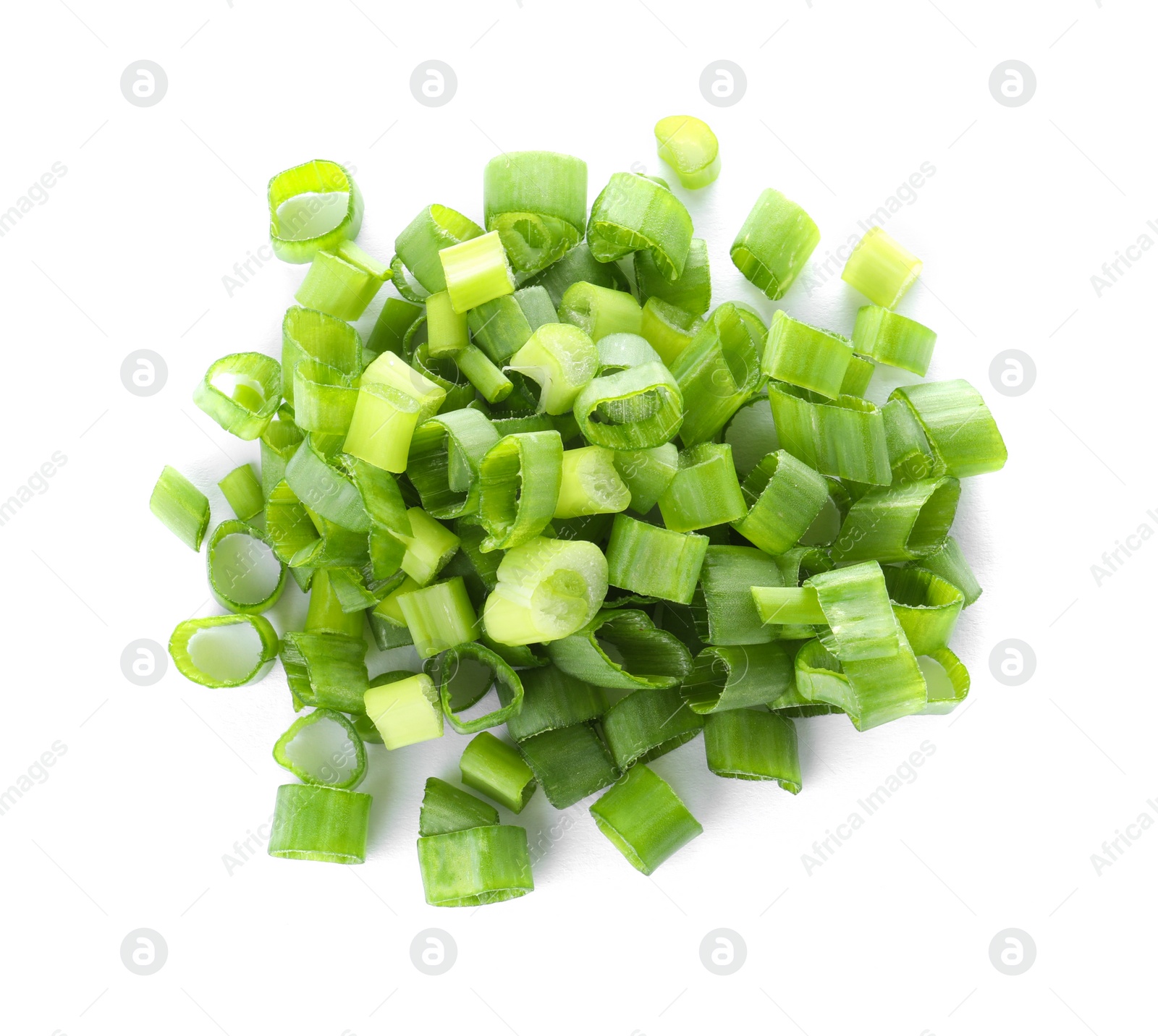 Photo of Cut fresh green onion on white background, top view