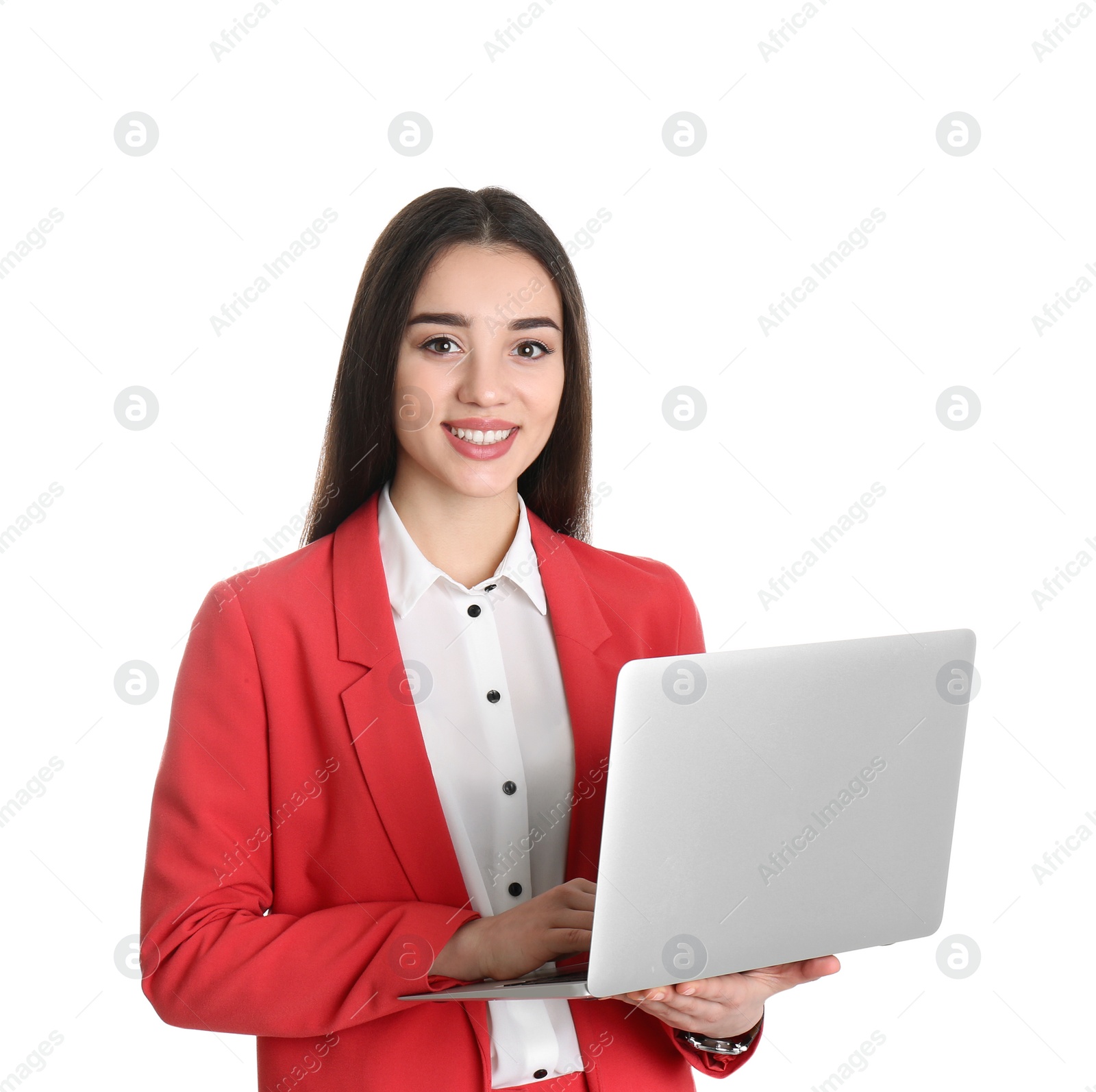 Photo of Portrait of young woman in office wear with laptop on white background