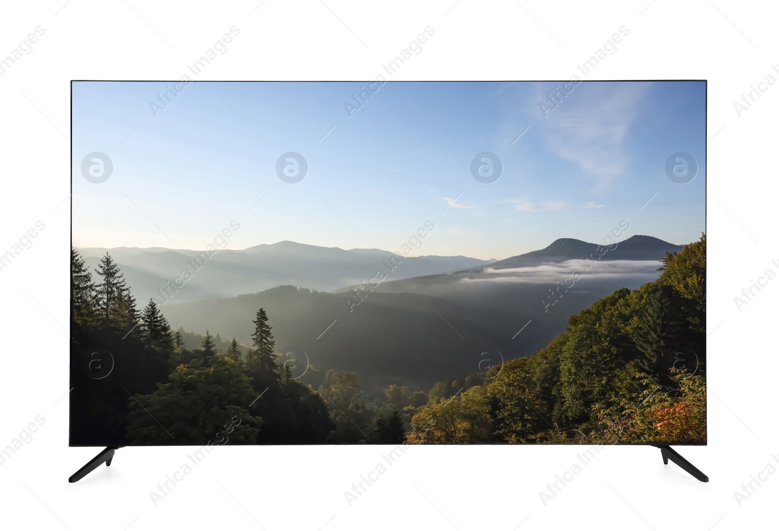 Image of Modern wide screen TV monitor showing beautiful mountain landscape isolated on white