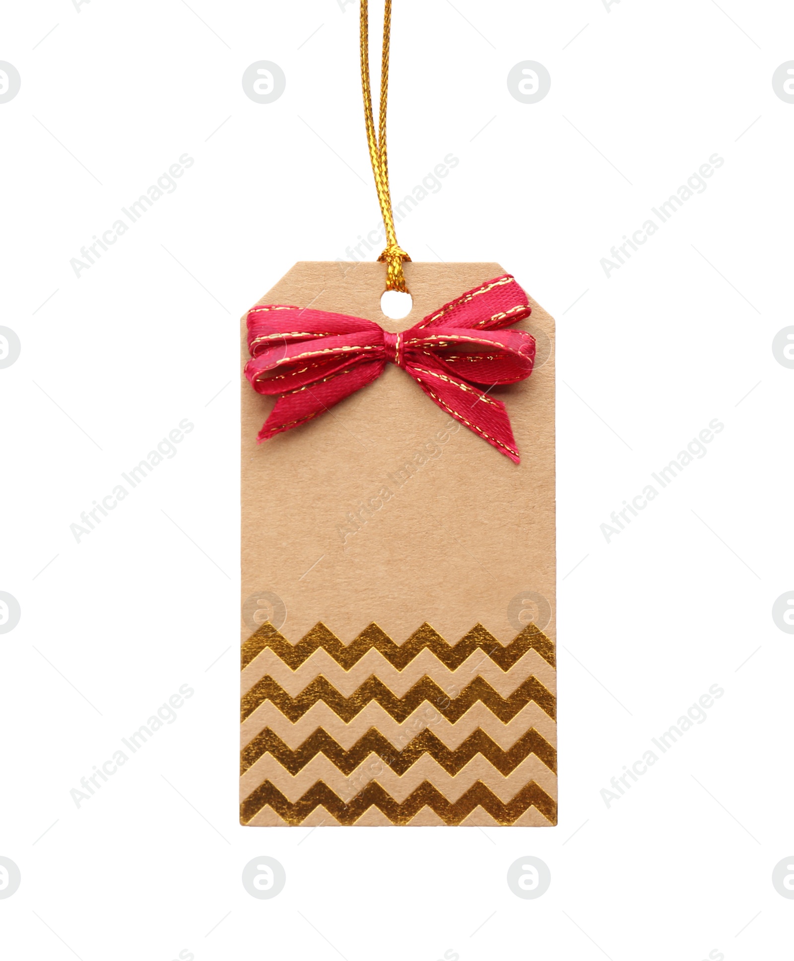 Photo of Cardboard gift tag with red bow and space for text isolated on white