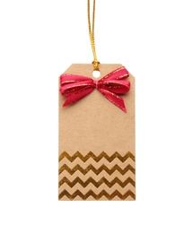 Cardboard gift tag with red bow and space for text isolated on white