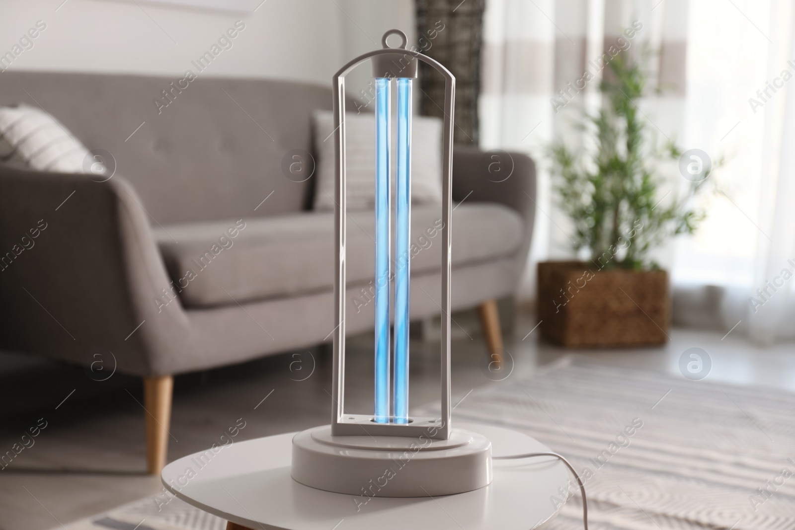 Photo of UV lamp for light sterilization on table in living room