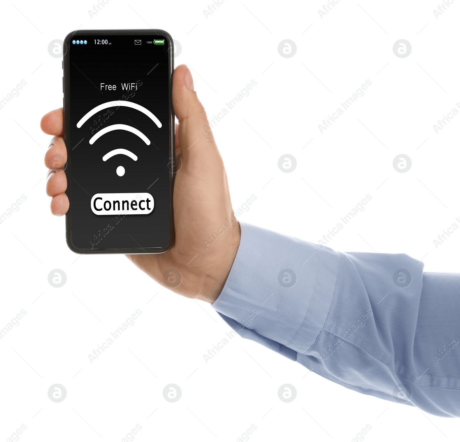 Image of Man connecting to WiFi using mobile phone on white background, closeup