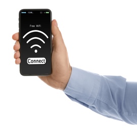 Man connecting to WiFi using mobile phone on white background, closeup