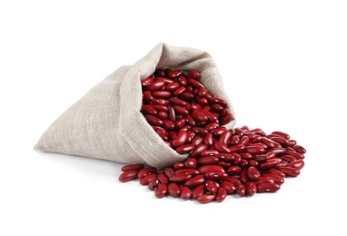 Photo of Raw red kidney beans with sackcloth bag isolated on white