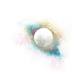 Photo of Sparkling colorful glitter on white background, top view