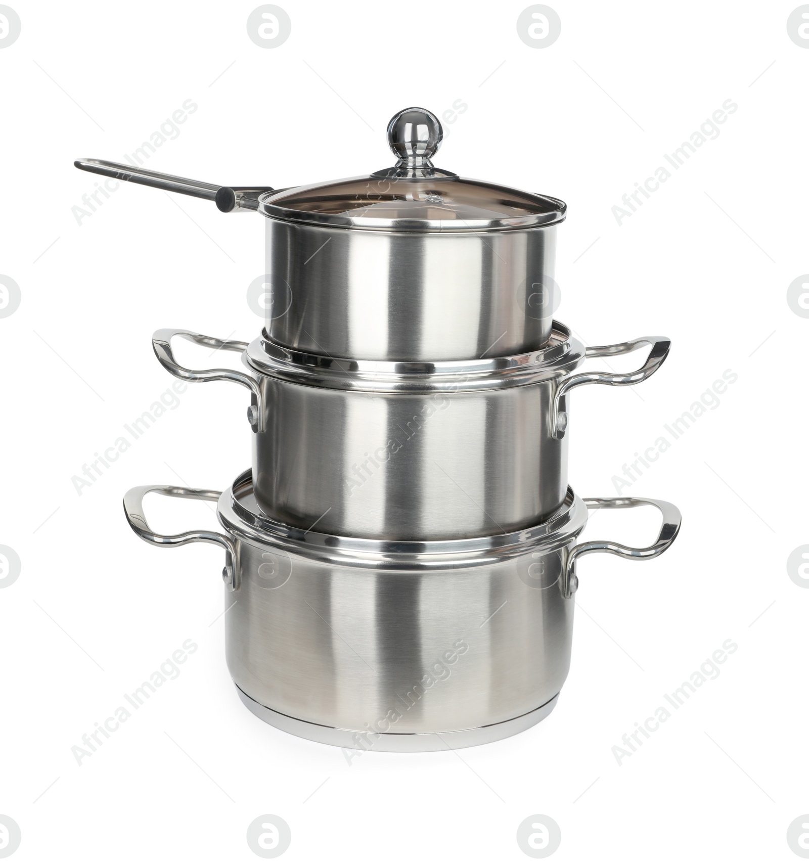 Photo of Stainless steel cookware set on white background