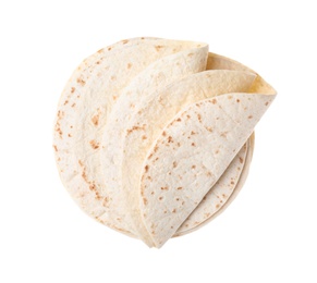 Photo of Corn tortillas on white background, top view. Unleavened bread