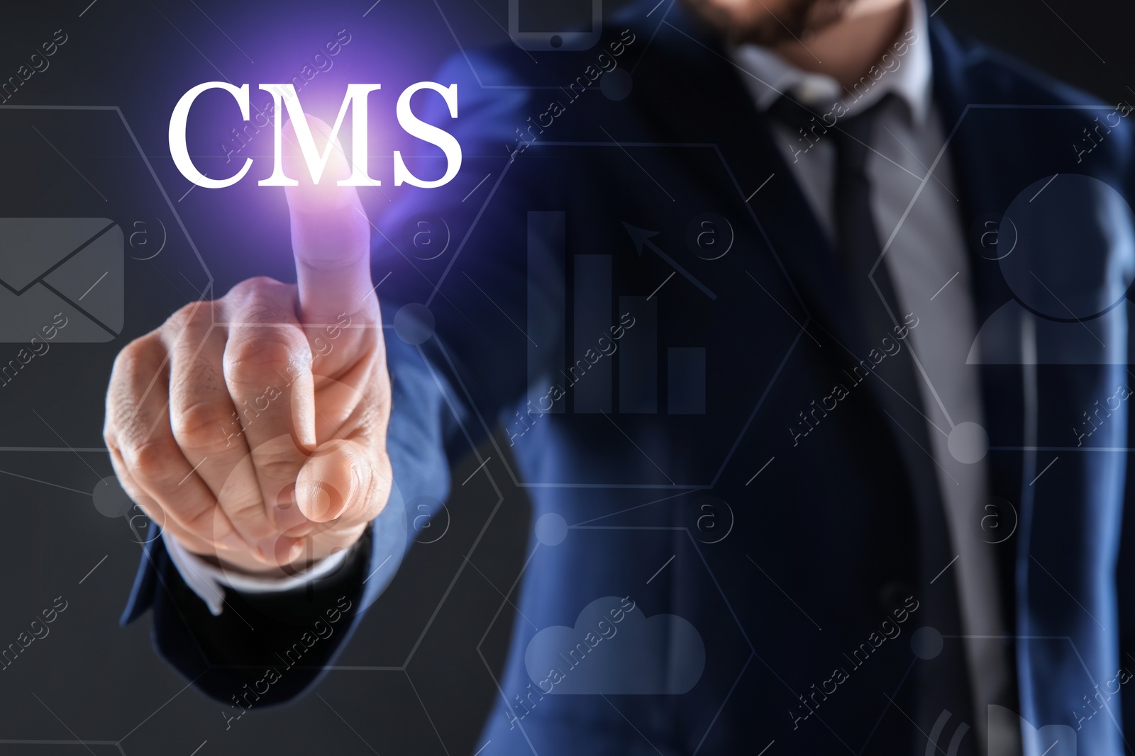 Image of CMS. Man using virtual screen on dark background, closeup