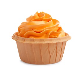 Photo of Tasty cupcake with orange cream isolated on white