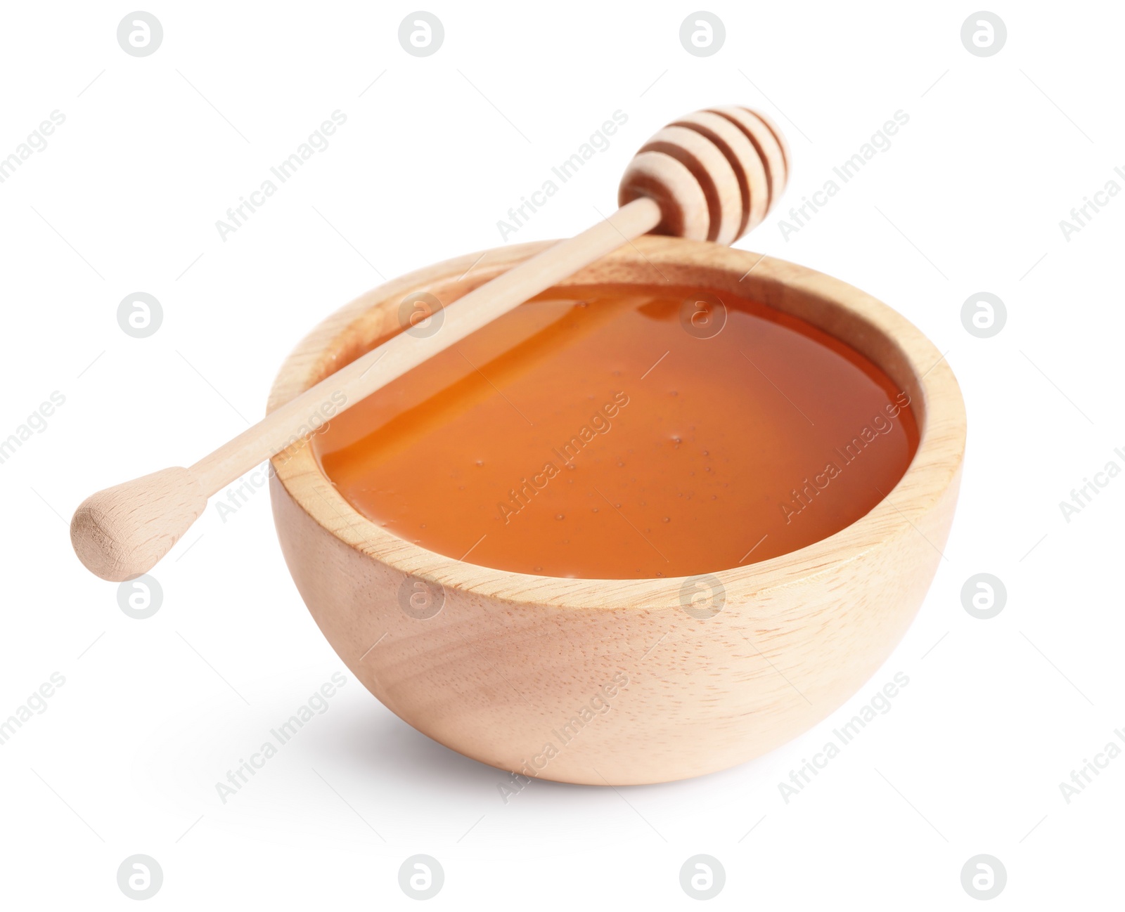 Photo of Tasty honey in bowl and dipper isolated on white