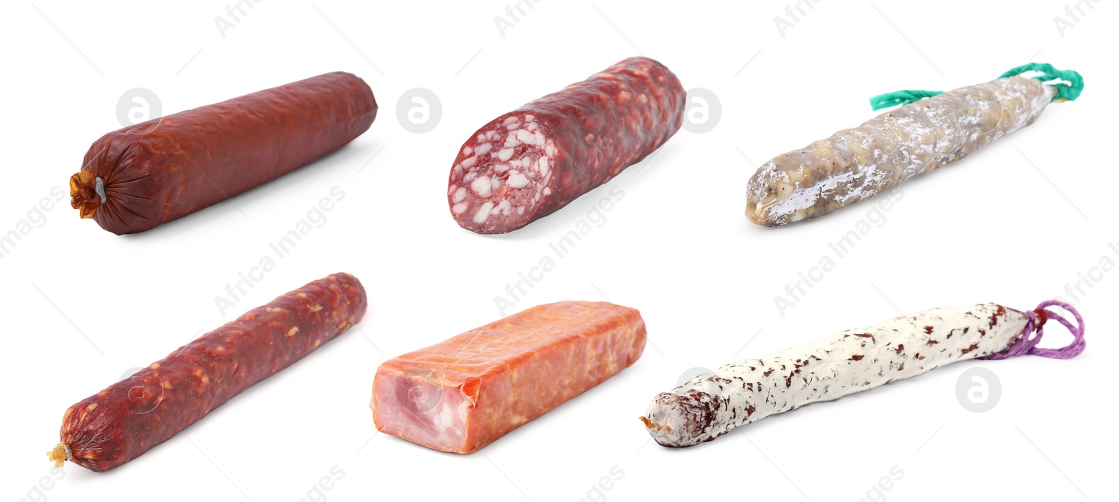 Image of Collage with different delicious sausages on white background