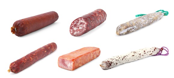 Collage with different delicious sausages on white background