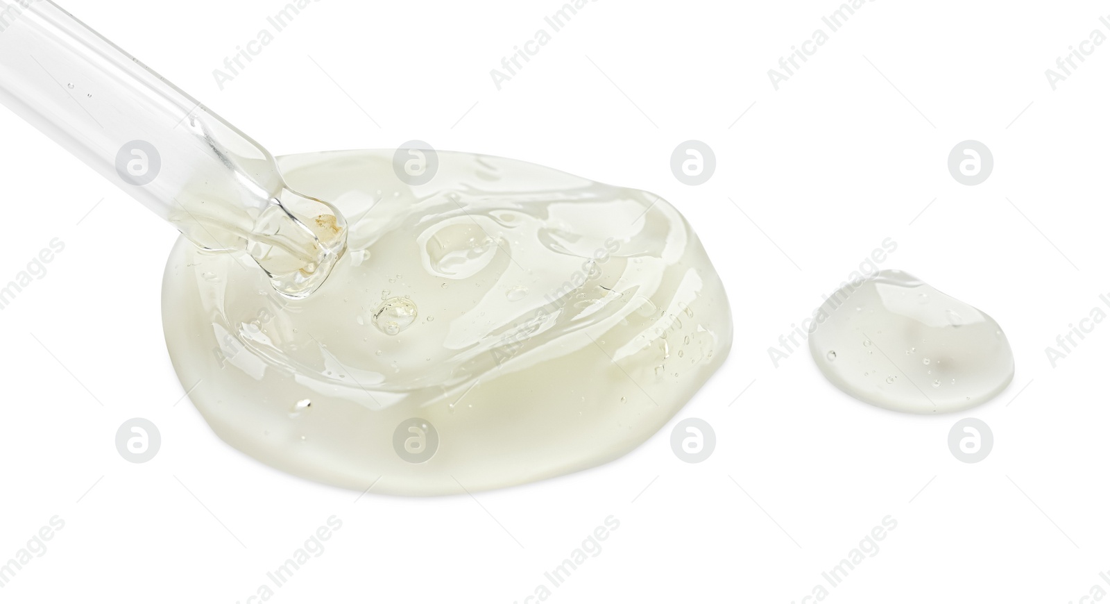 Photo of Dripping facial gel from pipette on white background, closeup