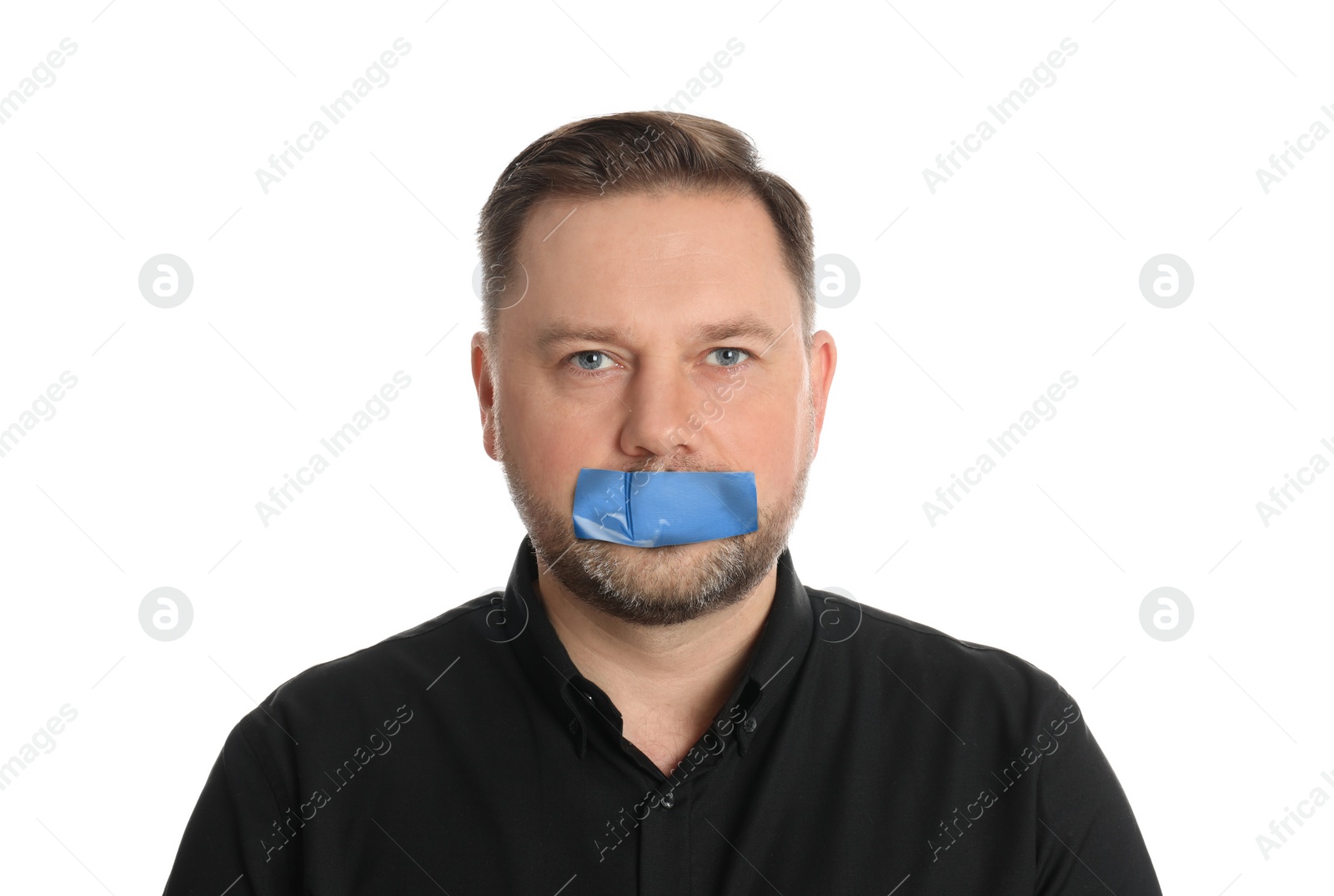 Image of Mature man with taped mouth on white background. Speech censorship